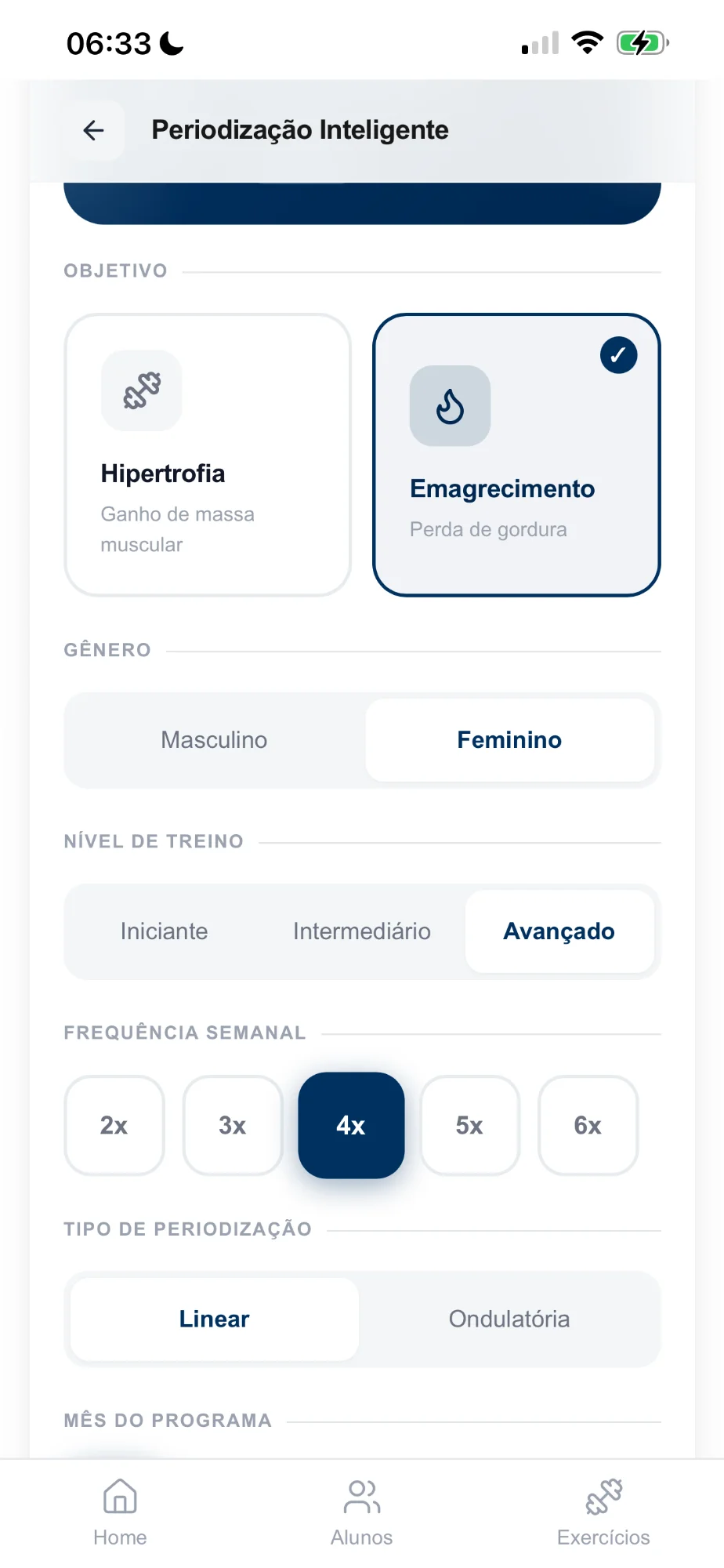 Seleção de objetivo e nível