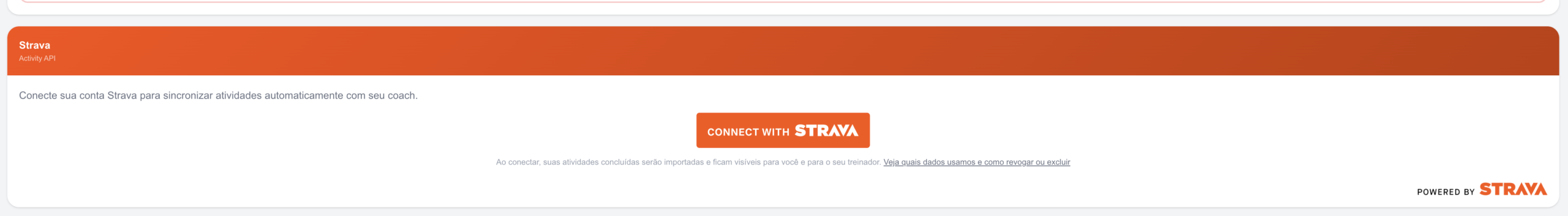 Tela de integrações com o botão Connect with Strava