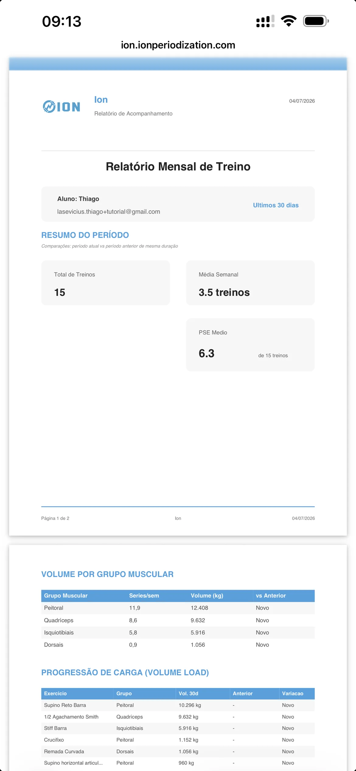 Relatório de acompanhamento com a logo do personal